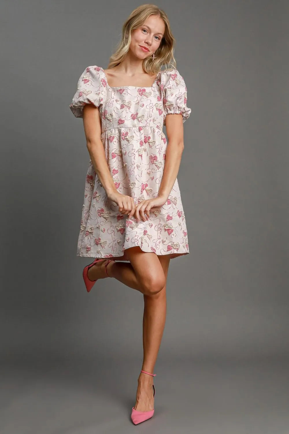 Heart Jacquard Square Neck Puff Sleeve Mini Dress - Pink - product view 1