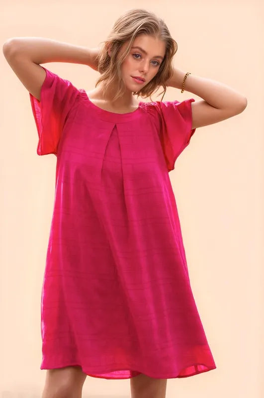 Textured Ruffle Boat Neck Shift Dress in Fuchsia - product view 1