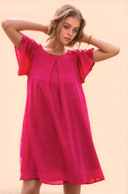 Textured Ruffle Boat Neck Shift Dress in Fuchsia - product view 1
