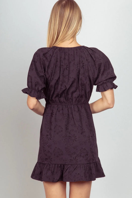 Floral Textured Woven Ruffled Mini Dress in Black - product view 2