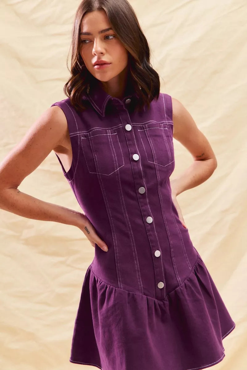 Button Down Sleeveless Collared Game Day Mini Dress - Purple - product view 5