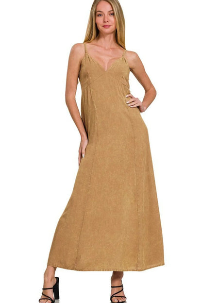 Mineral Washed Rayon Challis Cami Dress - Deep Camel - product view 1