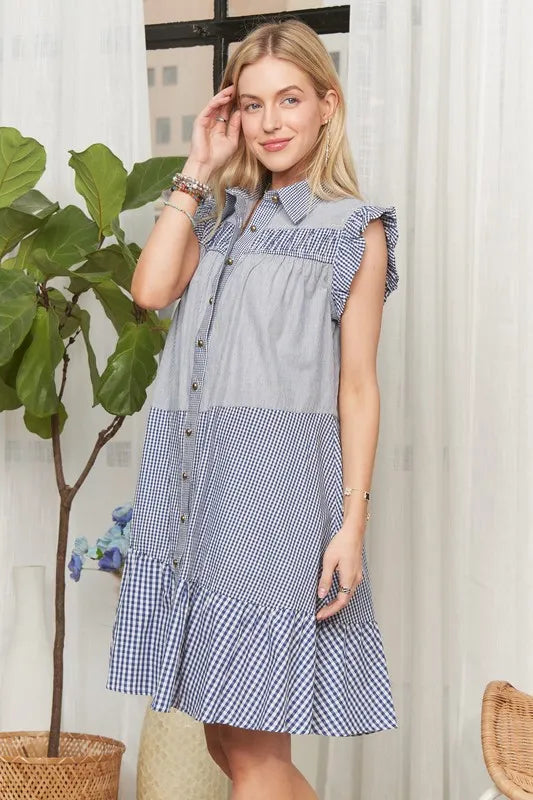 Button Down Textured Babydoll Dress in Blue - product view 3