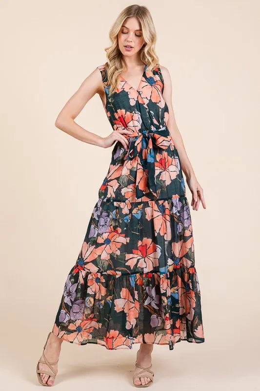 Floral Print Sleeveless Tie Waist Maxi Dress in Multi - product view 7