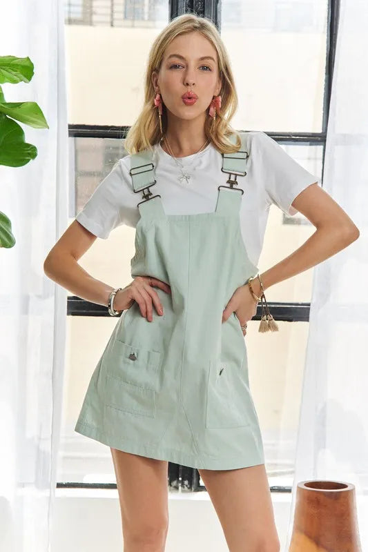 Adjustable Wide Strap Square Neck Overall Dress - Gum Leaf - product view 1