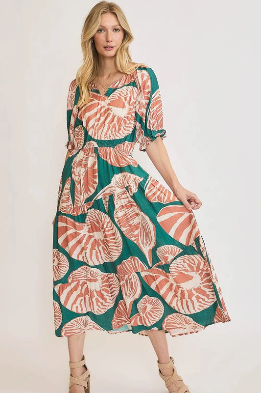 Full Size Printed Notched Puff Sleeve Midi Dress Plus Size - Green/Clay - product view 1