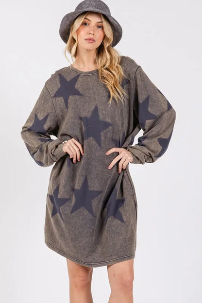 Washed Star Print Round Neck Dress in Dark Gray - product view 5