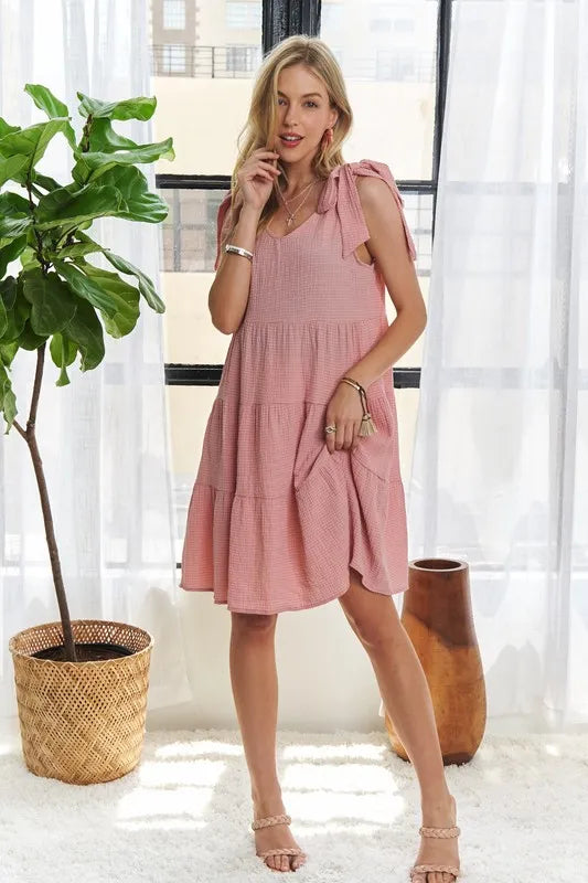 V-Neck Tie Shoulder Dress - Dusty Pink - product view 4