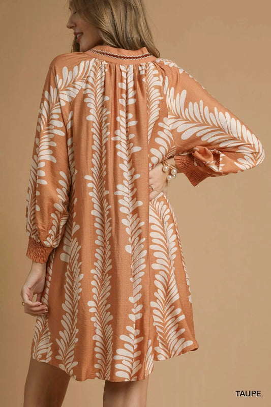 Leaf Print Notched Mini Babydoll Dress in Taupe - product view 2