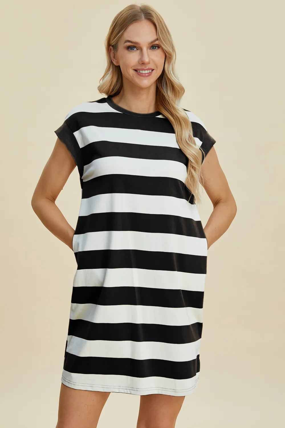 Full Size Striped Round Neck Cap Sleeve Mini Dress in Black, Camel and Dusty Blue - product view 4