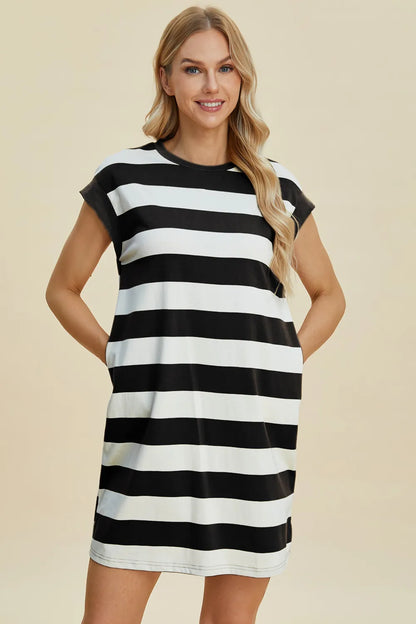 Full Size Striped Round Neck Cap Sleeve Mini Dress in Black, Camel and Dusty Blue - product view 4