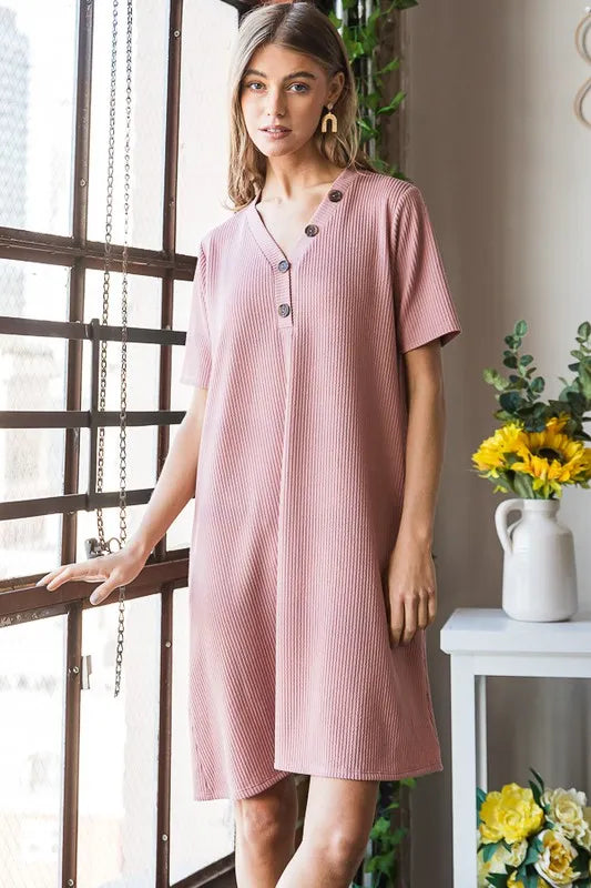 Full Size Solid Ribbed Mini Dress with Button Plus Size in Rose - product view 6