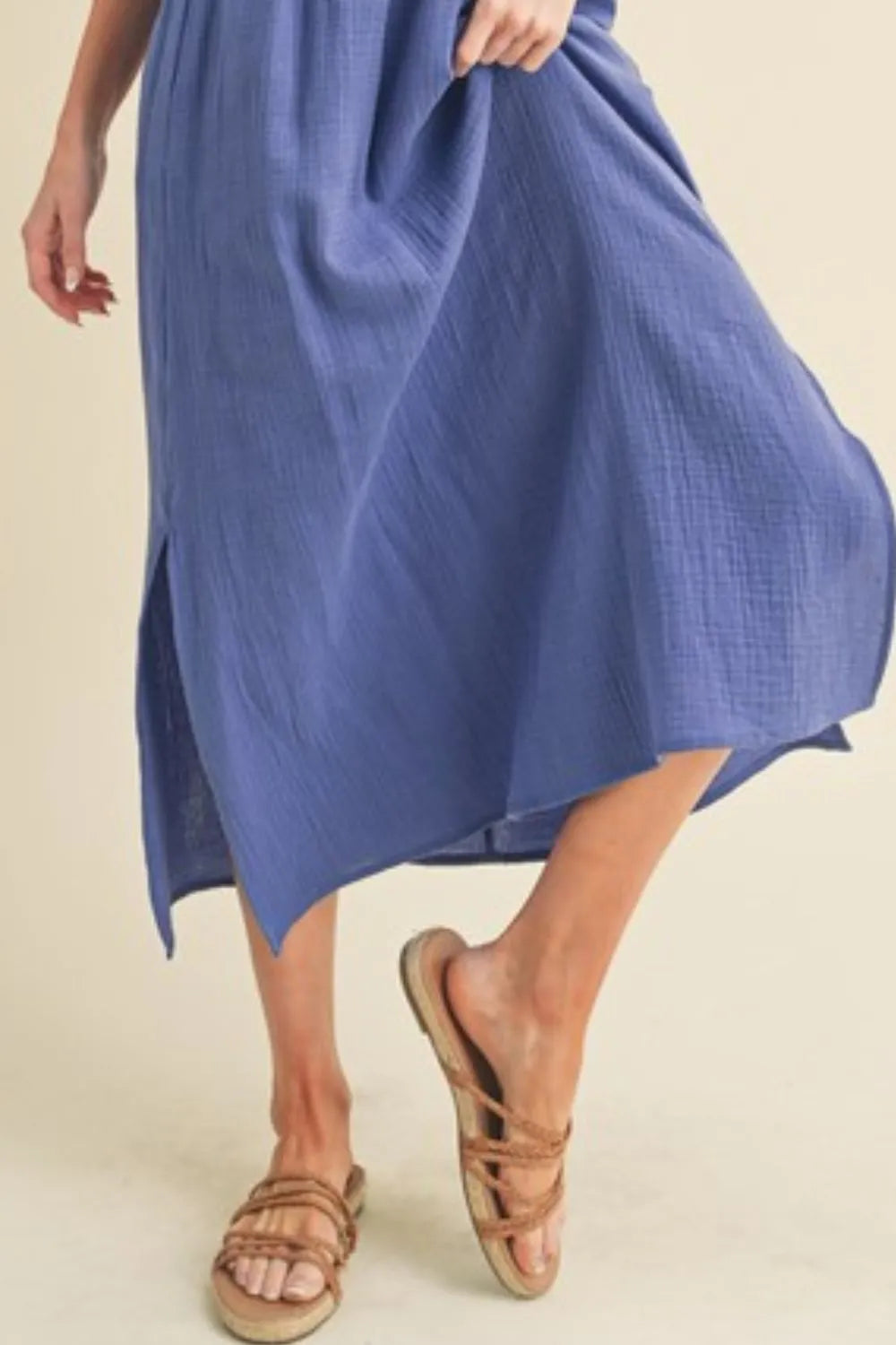 Side Slit Round Neck Sleeveless Tank Dress - Dusty Blue - product view 3