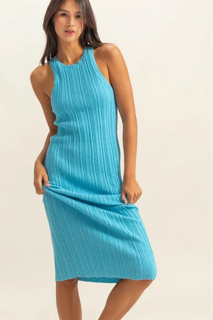 Round Neck Bodycon Ribbed Knit Dress - Blue - product view 4