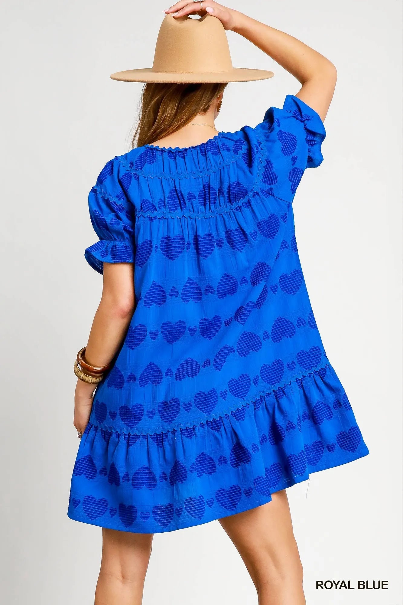 Heart Pattern Short Sleeve Ruffle Babydoll Dress - Royal Blue - product view 3