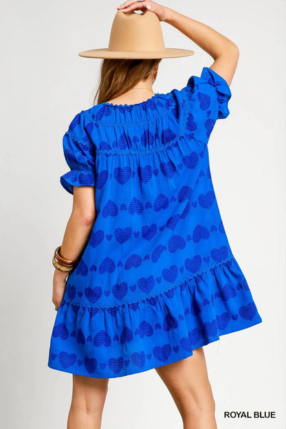 Heart Pattern Short Sleeve Ruffle Babydoll Dress - Royal Blue - product view 3