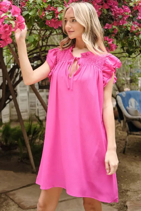 Ruffle Shoulder Smocked Detailed Dress in Fuchsia - product view 3