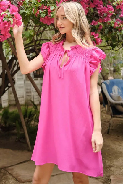Ruffle Shoulder Smocked Detailed Dress in Fuchsia - product view 3