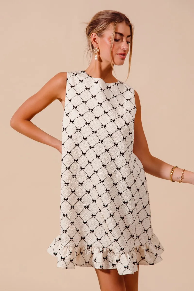 Texture Bow Printed Mini Ruffle Dress in Ivory - product view 1