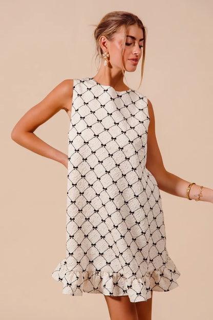 Texture Bow Printed Mini Ruffle Dress in Ivory - product view 1