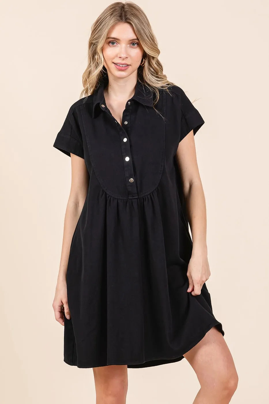 Twill Short Sleeve Collared Mini Dress - Black - product view 3