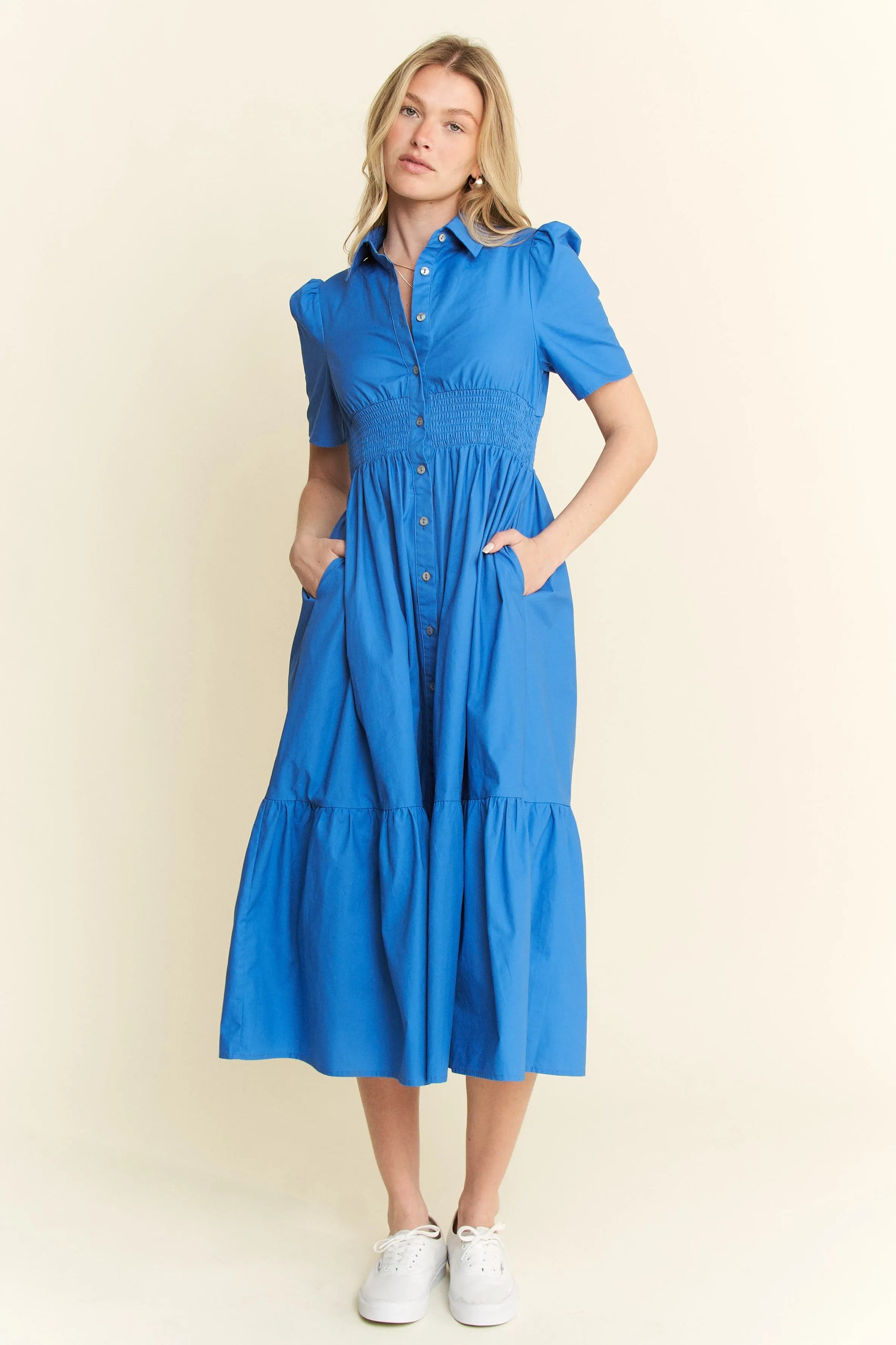 Short Sleeve Button Down Midi Dress in Blue - product view 7
