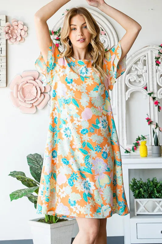 Full Size Ruffled Short Sleeve Floral Mini Dress Plus Size in Orange - product view 11