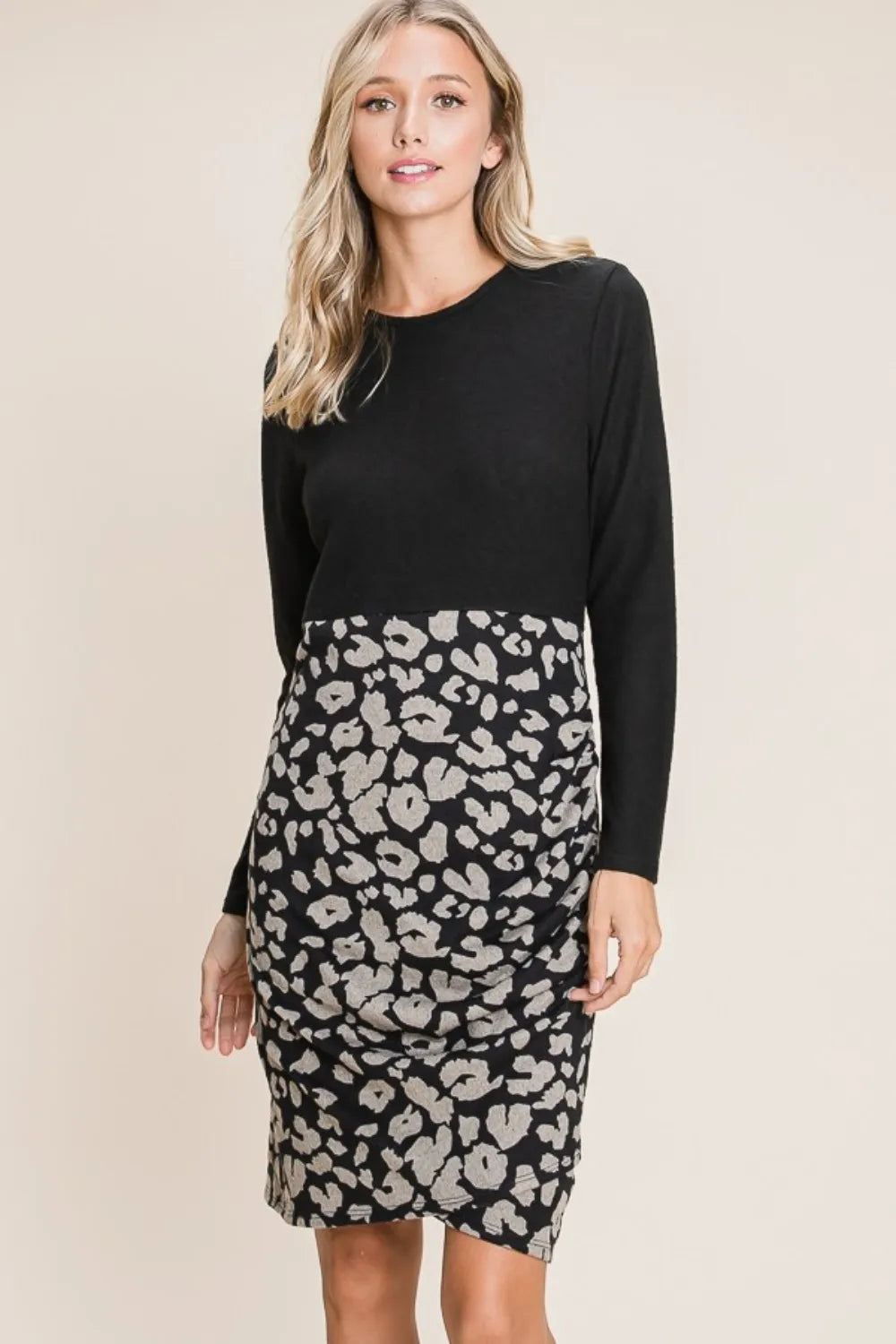 Leopard Color Block Knit Dress in Black - product view 1
