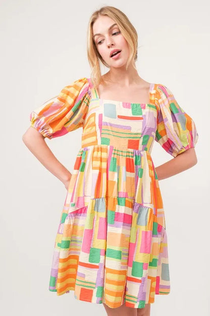 Square Neck Puff Sleeve Geo Printed Mini Dress in Yellow Multi - product view 2