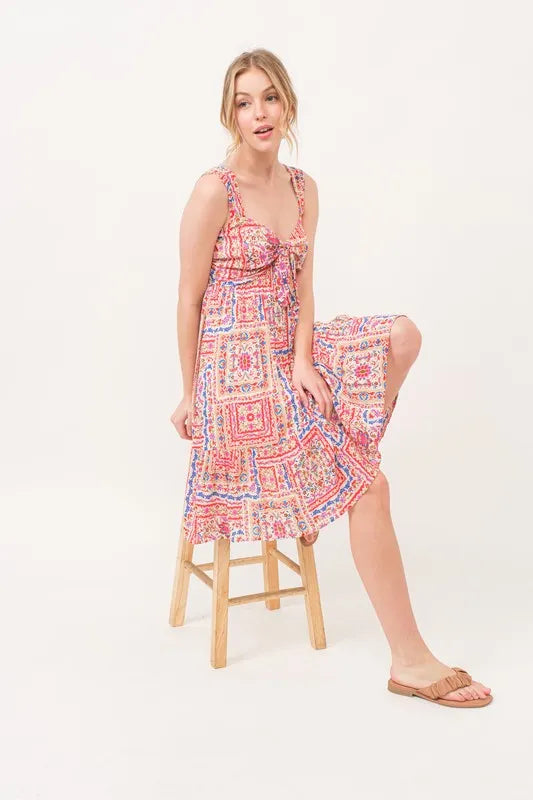Tied Front Smocked Back Tiered Boho Printed Dress in Red Multi - product view 4