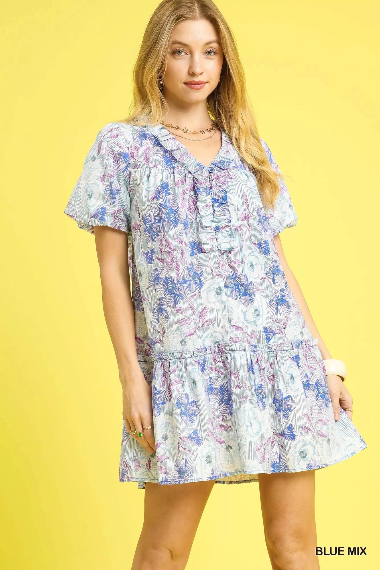 Floral Ruffled Puff Sleeve Mini Dress in Blue Mix - product view 1