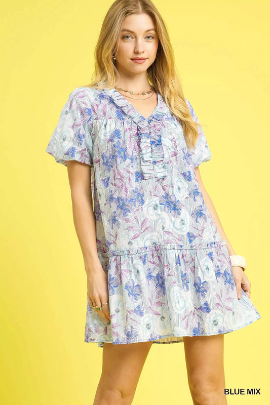 Floral Ruffled Puff Sleeve Mini Dress in Blue Mix - product view 1