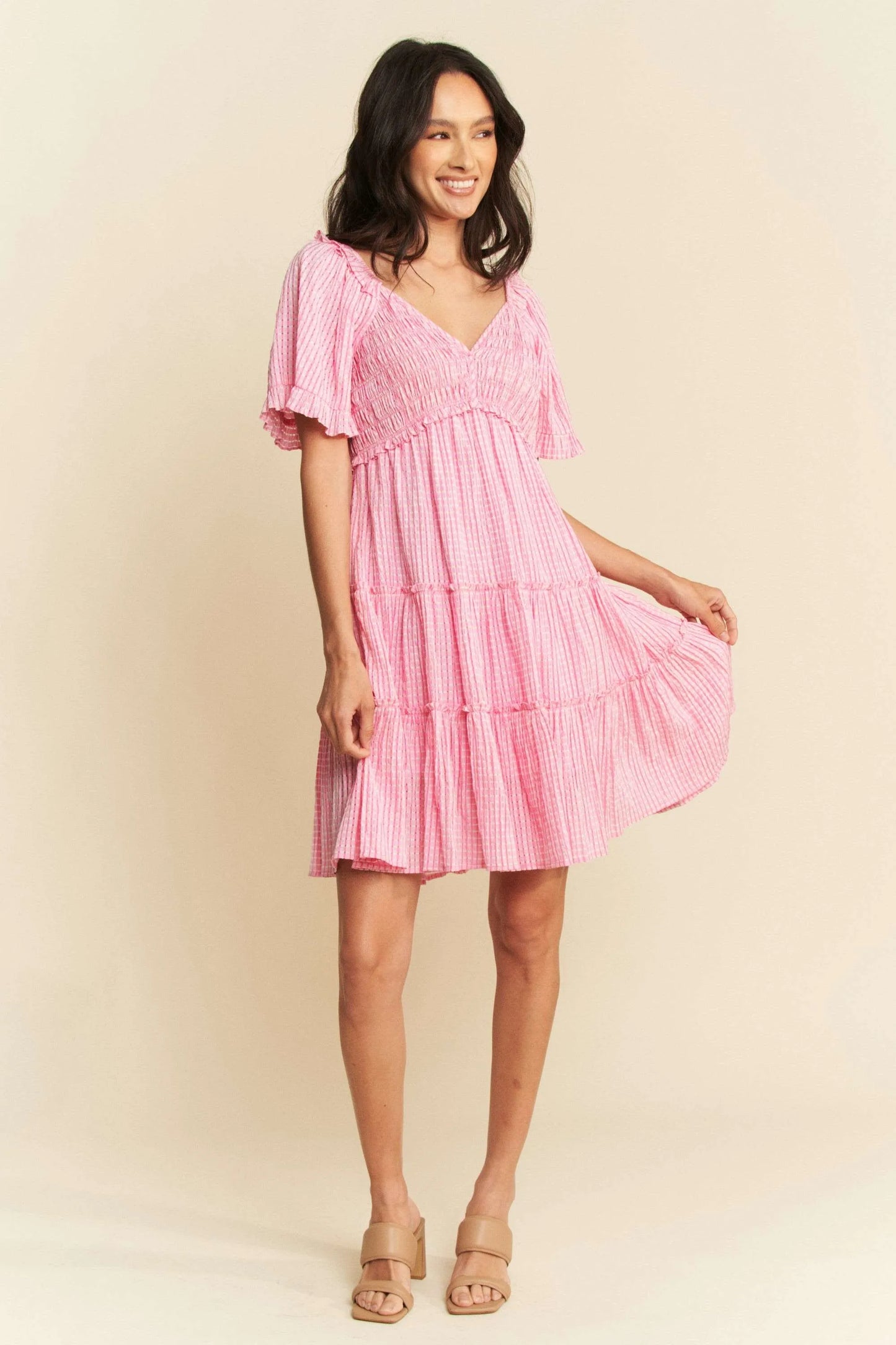 Jacquard Checker Smocking Tiered Dress - Barbie Pink - product view 8