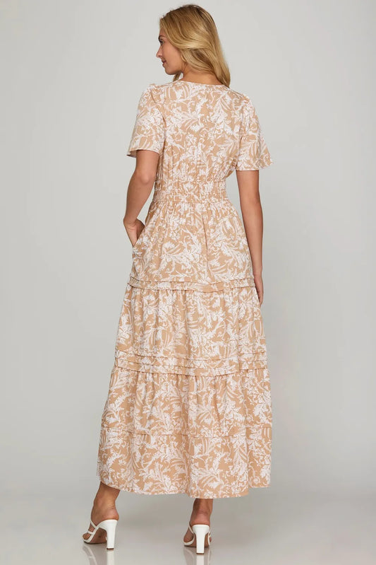 Printed Notched Woven Tiered Pintuck Maxi Dress with Side Pockets in Apricot - product view 2