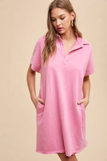 Mineral Washed Johnny Collar Short Sleeve Dress - Fuchsia Pink - product view 1