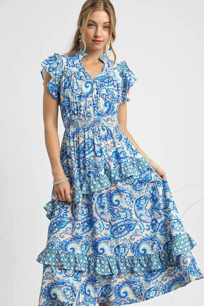 Paisley Print Ruffle Sleeve Midi Dress in Royal Blue - product view 2