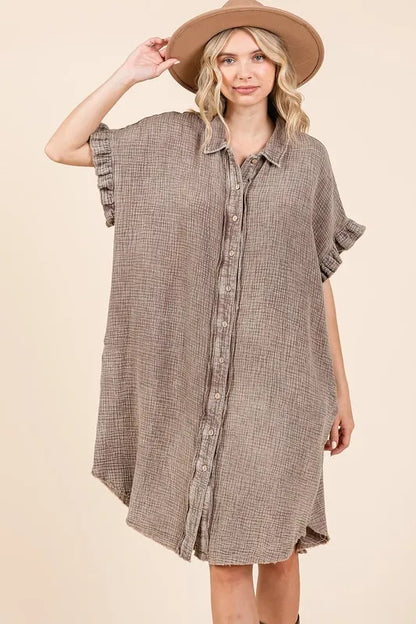 Mineral Wash Cotton Gauze Mini Shirt Dress in Toffee - product view 3