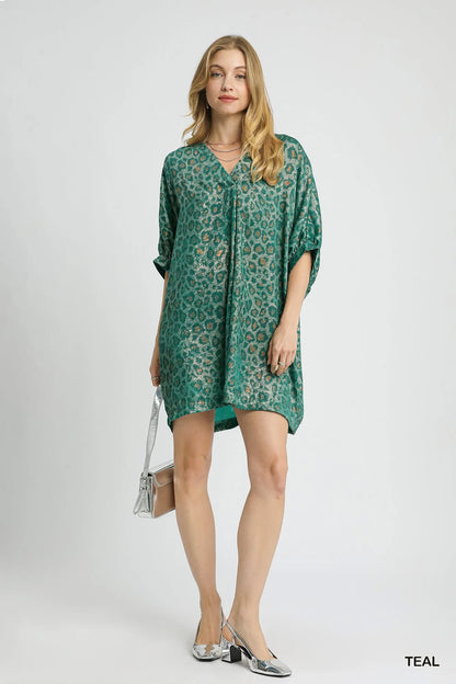 Metallic Leopard Print V-Neck Kimono Dress - Teal - product view 5