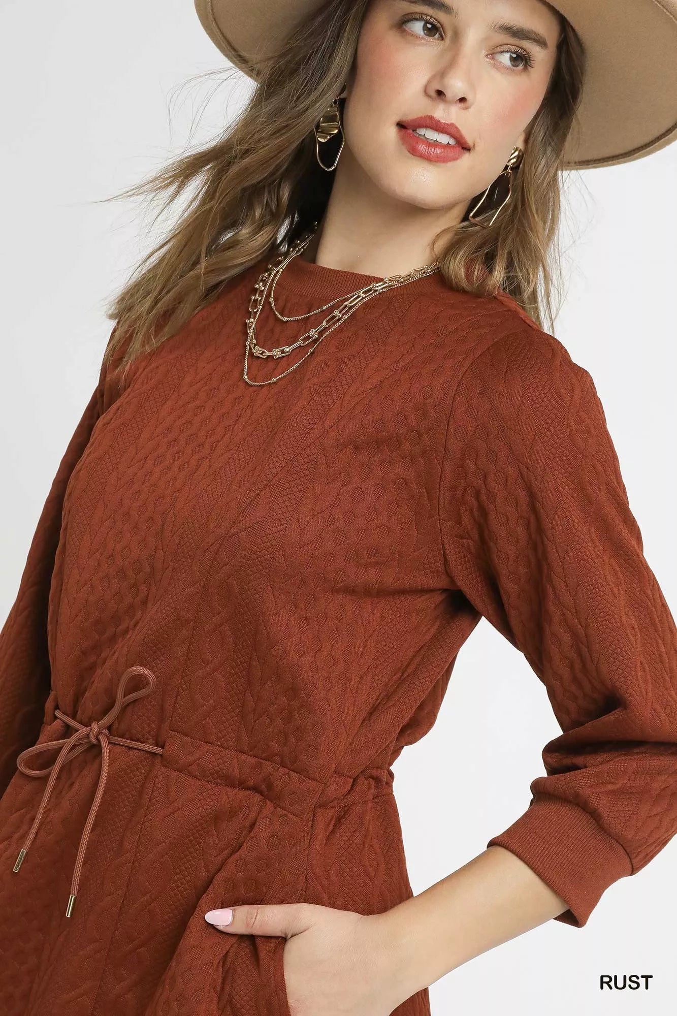 Drawstring Cable Knit Mini Dress with Pockets - Rust - product view 5