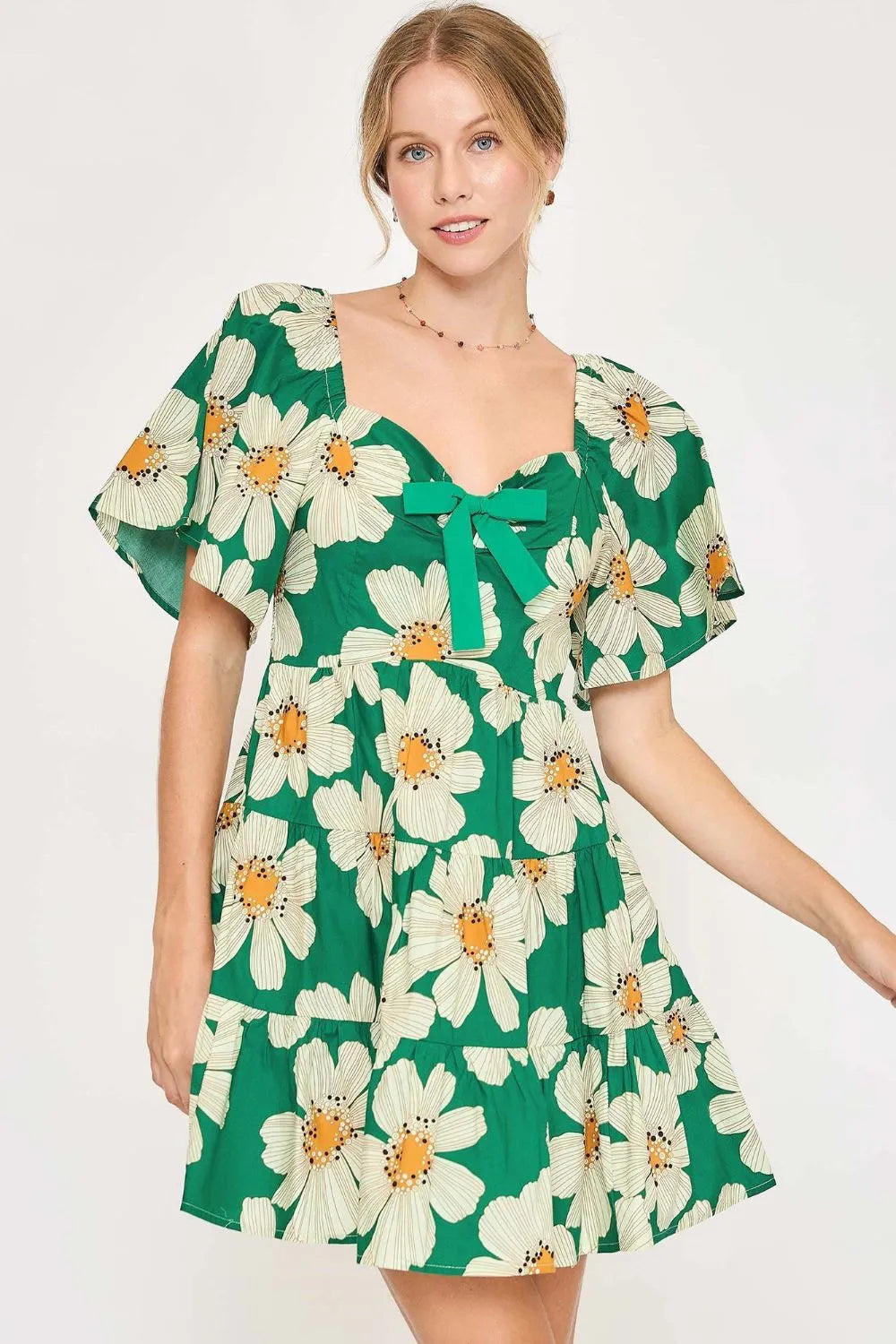Full Size Daisy Print Mini Dress with Ribbon Details Plus Size in Green - product view 1