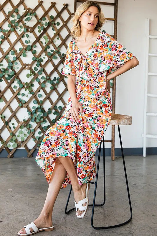 Floral Print Sweetheart Neck Tie Front Midi Dress in Orange Combo - product view 6