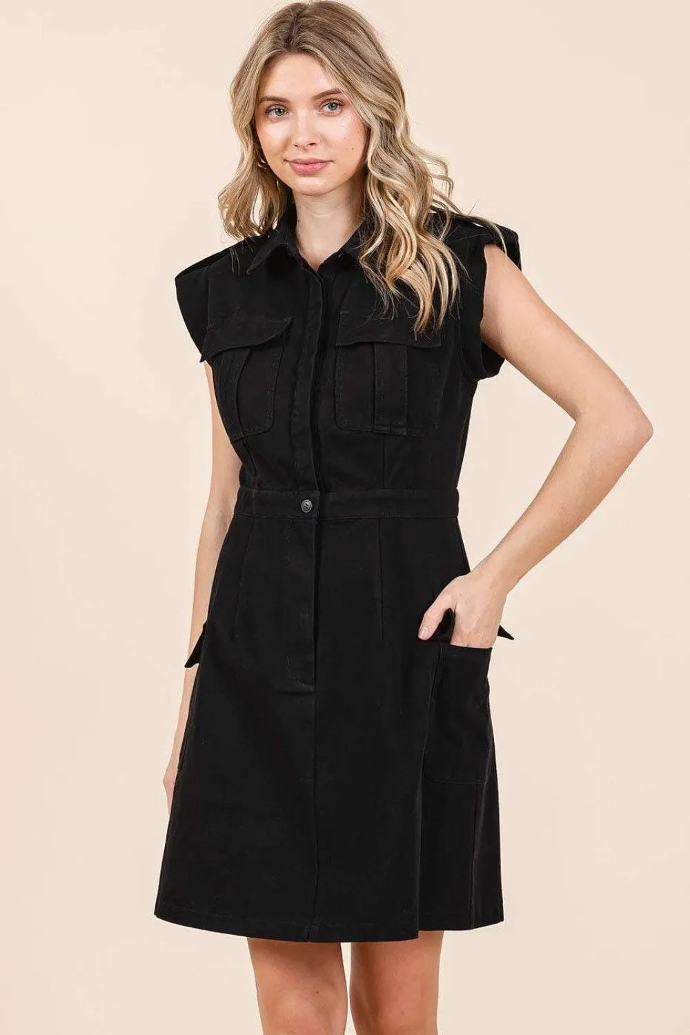 Cargo Pocket Half Button Mini Dress in Black - product view 4