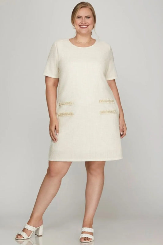 Full Size Short Sleeve Pearl Studded Trim Knit Tweed Dress Plus Size - Ivory - product view 2