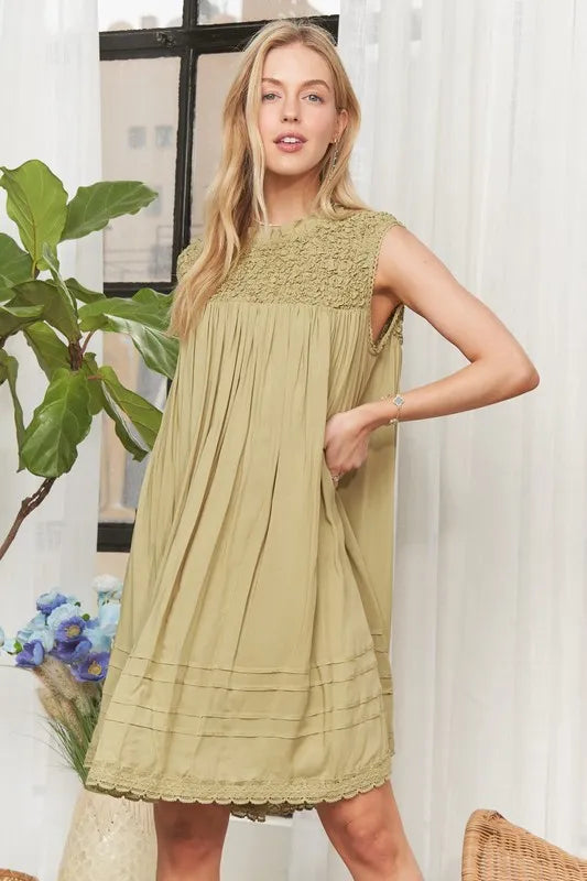 Loose Textured Babydoll Dress in Olive Grey - product view 1