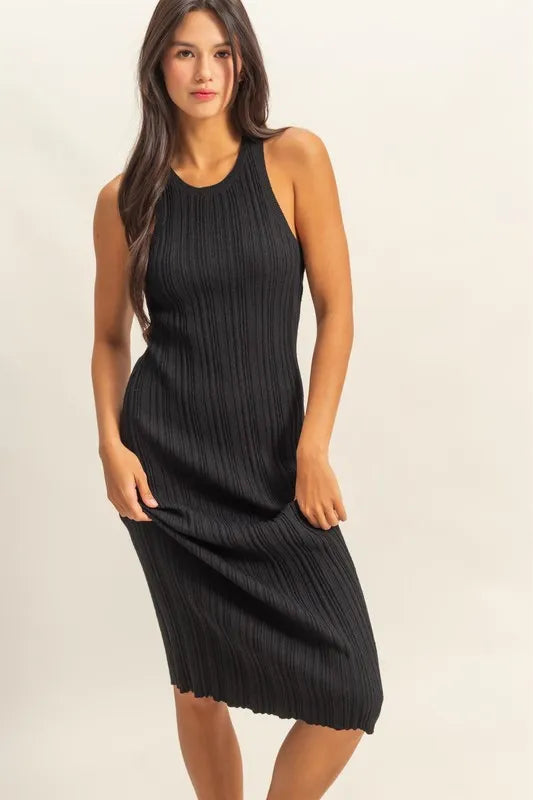 Round Neck Bodycon Ribbed Knit Dress - Black - product view 1