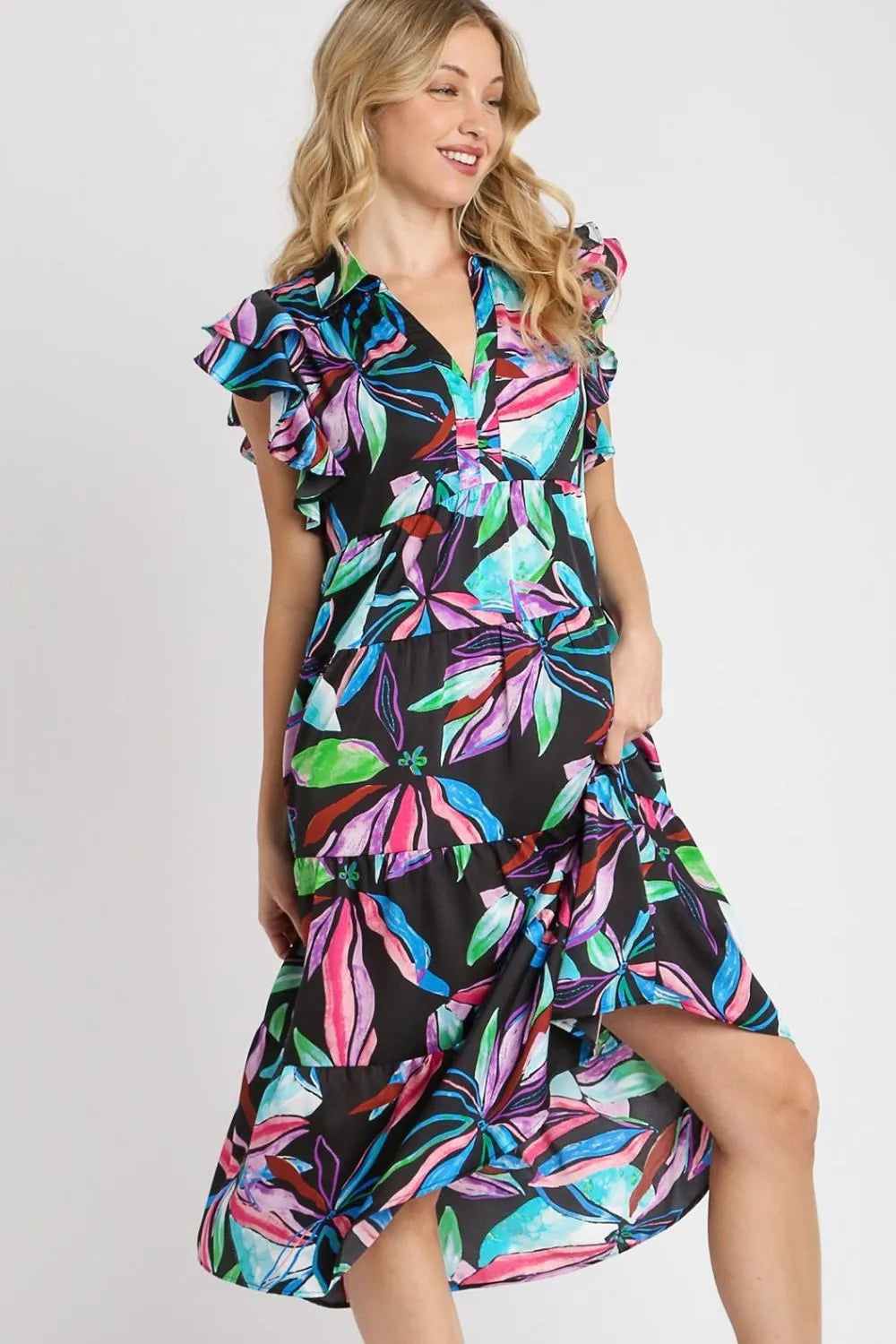 Full Size Leaf Print Double Layered Ruffle Sleeve Tiered Midi Dress Plus Size - Blackmix - product view 3