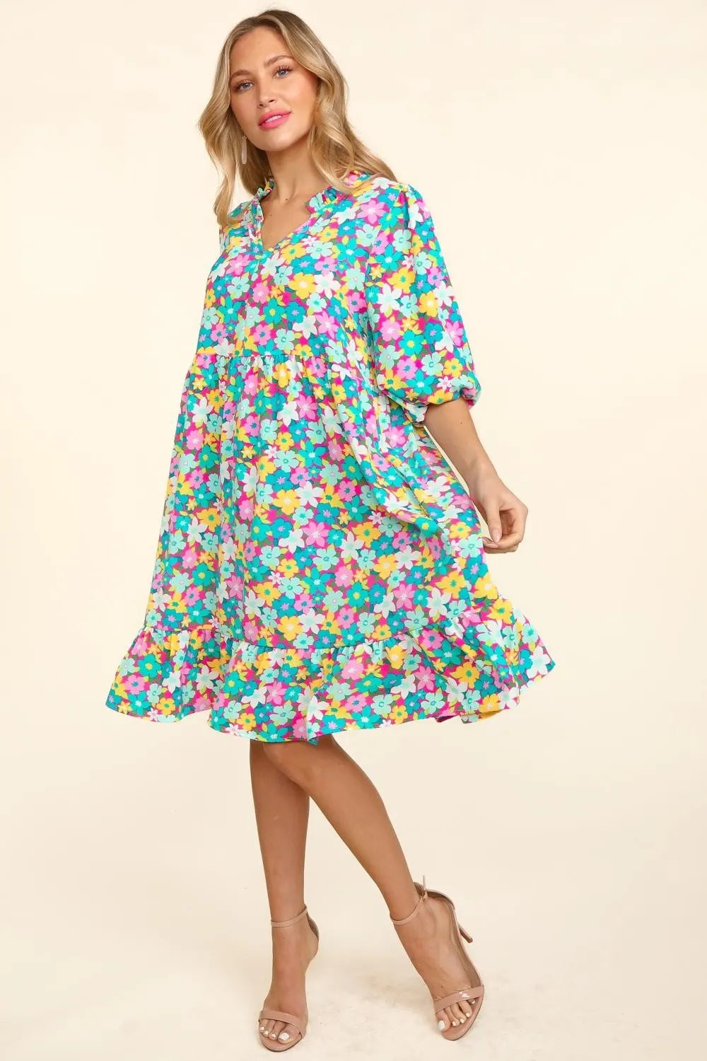 Bubble Sleeve Floral Ruffled Dress in Mint/Fuchsia - product view 3