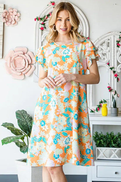 Full Size Ruffled Short Sleeve Floral Mini Dress Plus Size in Orange - product view 5