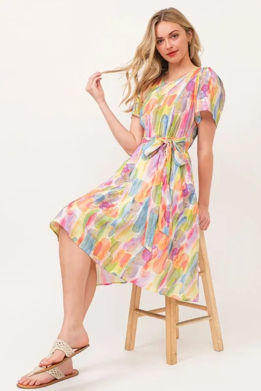 Watercolor Print Tie Front Midi Dress - Orange Combo - product view 11