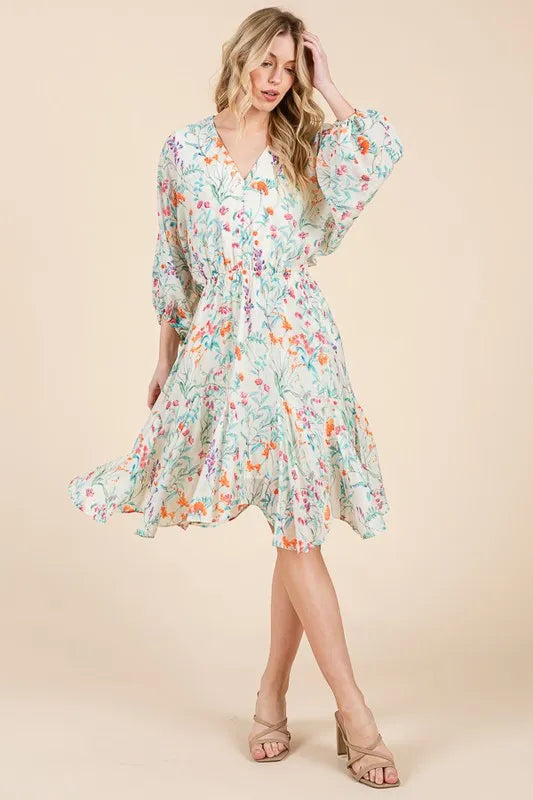 Floral Cinched Waist Balloon Sleeve V-Neck Dress in Ivory Floral - product view 12